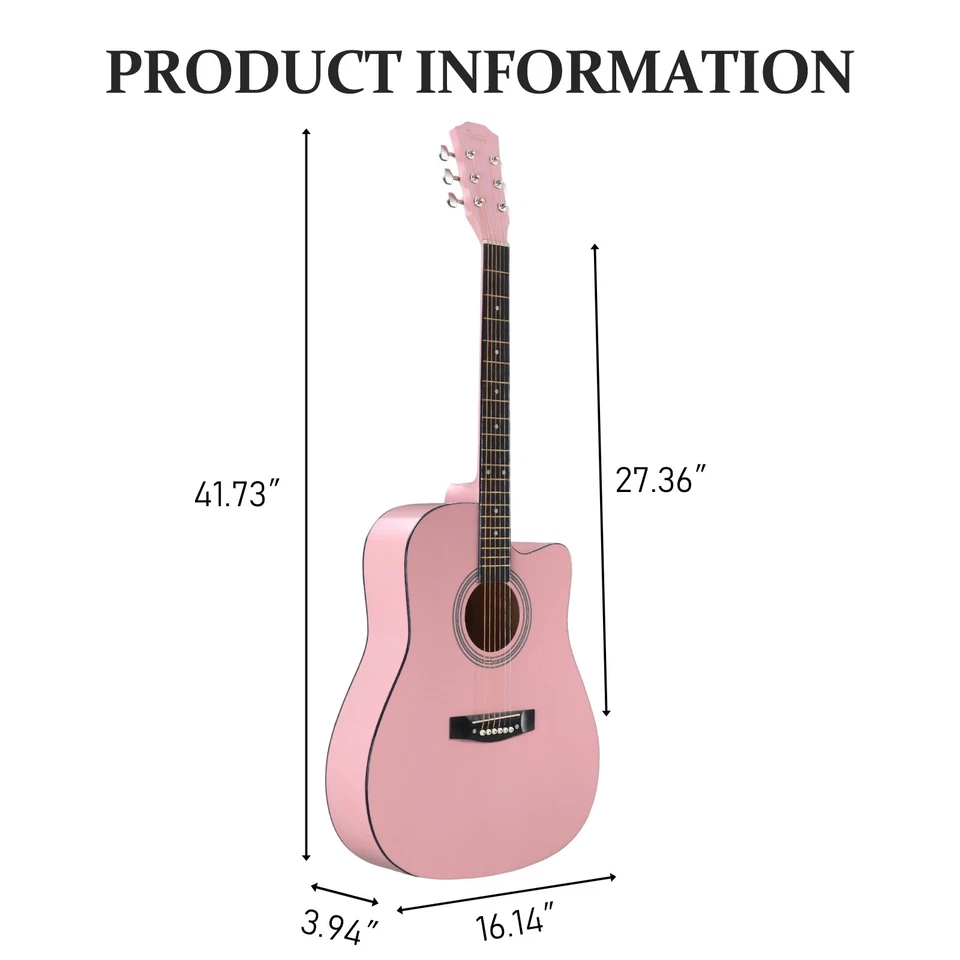 Pink 41 inch Dreadnought Barrel-shaped Cutaway Acoustic Guitar with Pick Strings - Image 2 of 4