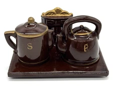 VTG Artmark ? Wood Stove Top Coffee Tea Pot Salt Pepper Shakers, Brown & Gold