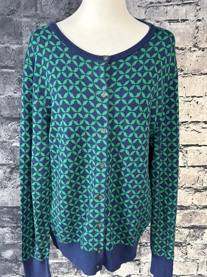Lands' End Cardigan Sweater Womens XL Blue Green Supima Cotton Button Front - Image 2 of 4