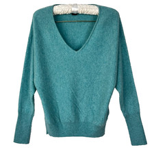 Tahari Cashmere Sweater Top V-Neck Teal Blue Women's Size Large 100 2 Ply