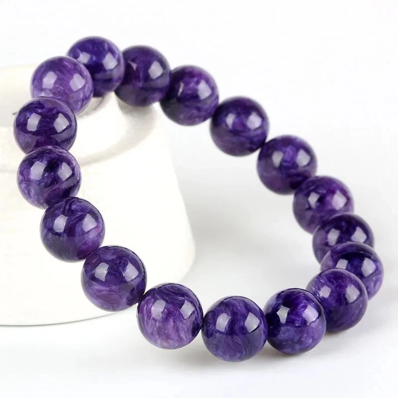 Pulsera con cuentas de piedra amatista charoita natural para mujer joyería redonda elástica Foto 4 de 4