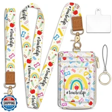Piefly Cute Rainbow Teacher Lanyard Wallet with ID Badge Holder, Small RFID W