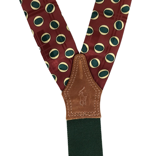 Polo Ralph Lauren Suspenders Mens Burgundy Green Silk Leather Geometric Print - Picture 2 of 7