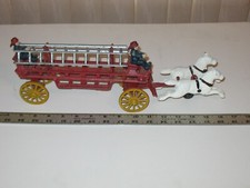 Antique Cast Iron Horse Drawn Hook  Ladders Fire Truck with 2 Men