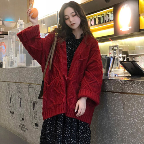 Women Chunky Knit Cardigan Sweater Pocket Coat Jacket V-neck Crochet Outwear