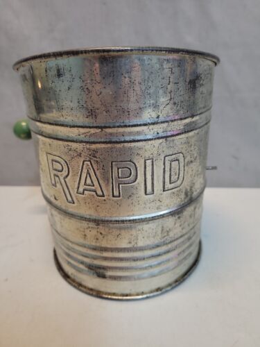 H▪︎Vintage Antique RAPID Extra Heavy Tin Flour Sifter w/Green Wood Knob Handle - Zdjęcie 1 z 7