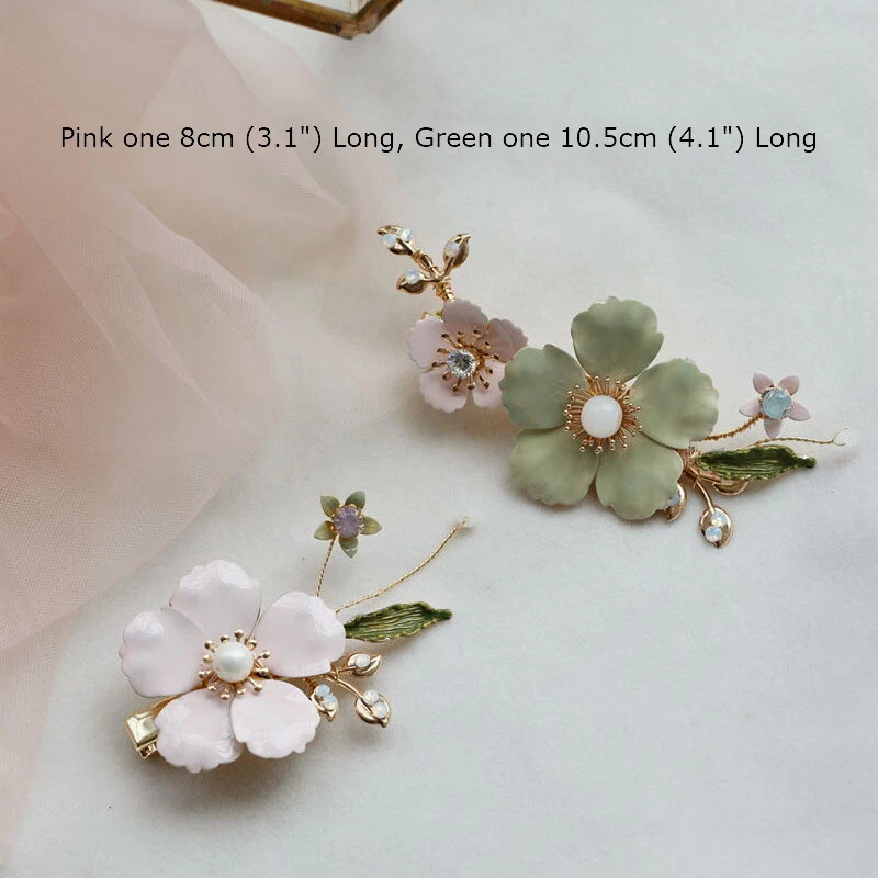Bridal Wedding Crystal Pink Green Flower Leaf Hair Clip Headpiece Accessories - Image 2 of 4