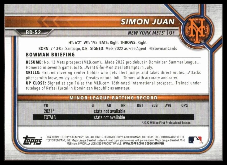 2022 Bowman Draft Blue #BD52 Simon Juan New York Mets /150 - Image 2 of 2