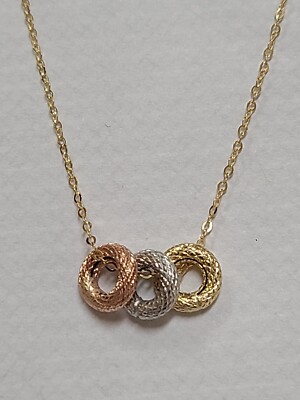 Triple Doughnut Bagel Necklace Tri-color 14k Gold Mesh Design 18'' Long Chain