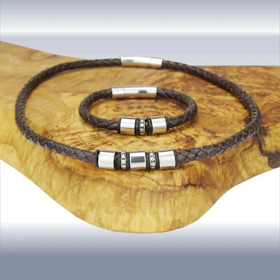 LederKette/Halsband oder Armband geflochten 5mm mit 3-5 Edelstahl Beads Herren - Bild 1 von 4
