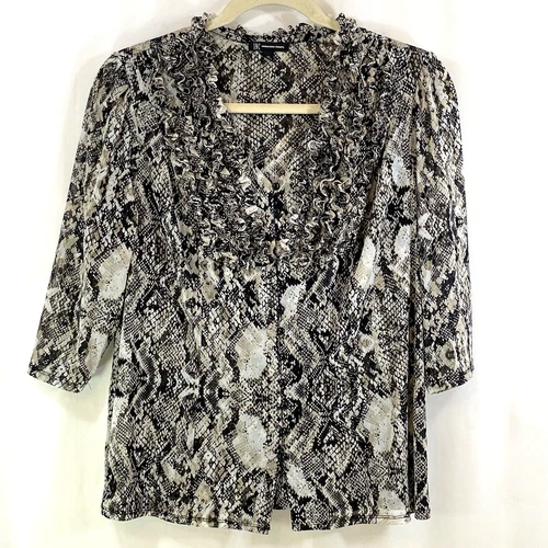 INC Top Womens 3X Blouse Snakeskin V-Neck Ruffle Shirt Button Front 3/4 Sleeve