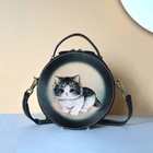 Siberian Cat Leather Handheld Small Round Bag with Carving Design New