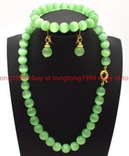 6/8/10/12mm Grünes Katzenauge Opal Edelsteine Halskette Armband Ohrringe Set