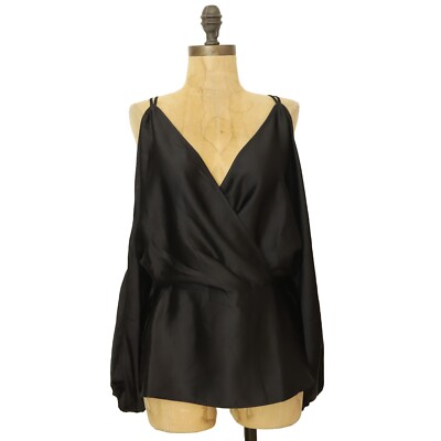 Halogen Nordstrom Cold Shoulder Top S Black Hammered Satin Long Sleeve NEW B63