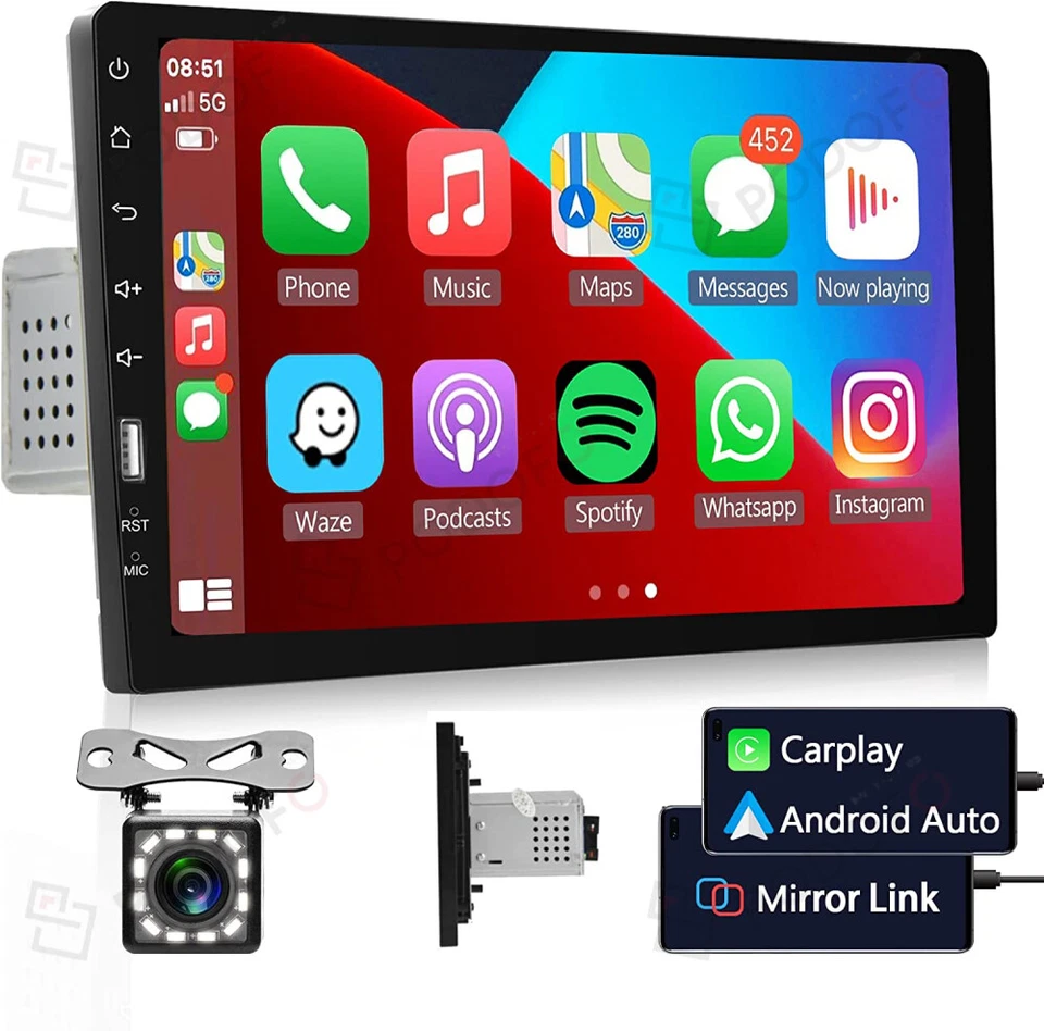 PODOFO Single 1 Din Car Stereo Radio 9 Inch Bluetooth MP5 Apple Carplay +Backup Camera