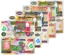 ZAMBIA SET OF 5 NOTES 20 50 100 500 1000 KWACHA POLYMER UNC