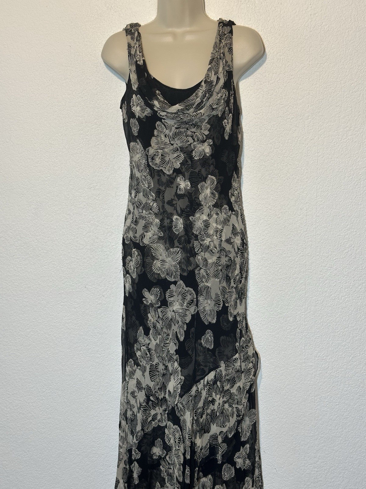 Vtg Y2K ECI NY 100% Silk Floral Maxi Dress Cowl Neck Aysmmetric Hem Whimsigoth