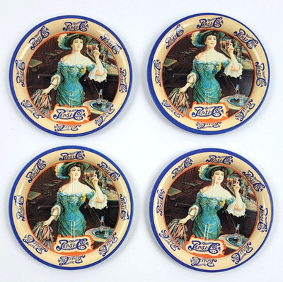 4 Pepsi Cola Coke USA Metall Untersetzer 9 cm Blech vintage 1980 Frau mit Glas