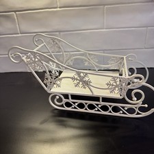 White Metal Santa Sleigh Centerpiece Tabletop Display Holiday Christmas 14" Long