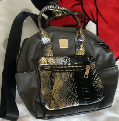 JINGPIN Damenrucksack grau mit Schlangenmuster und goldfarbener Hardware