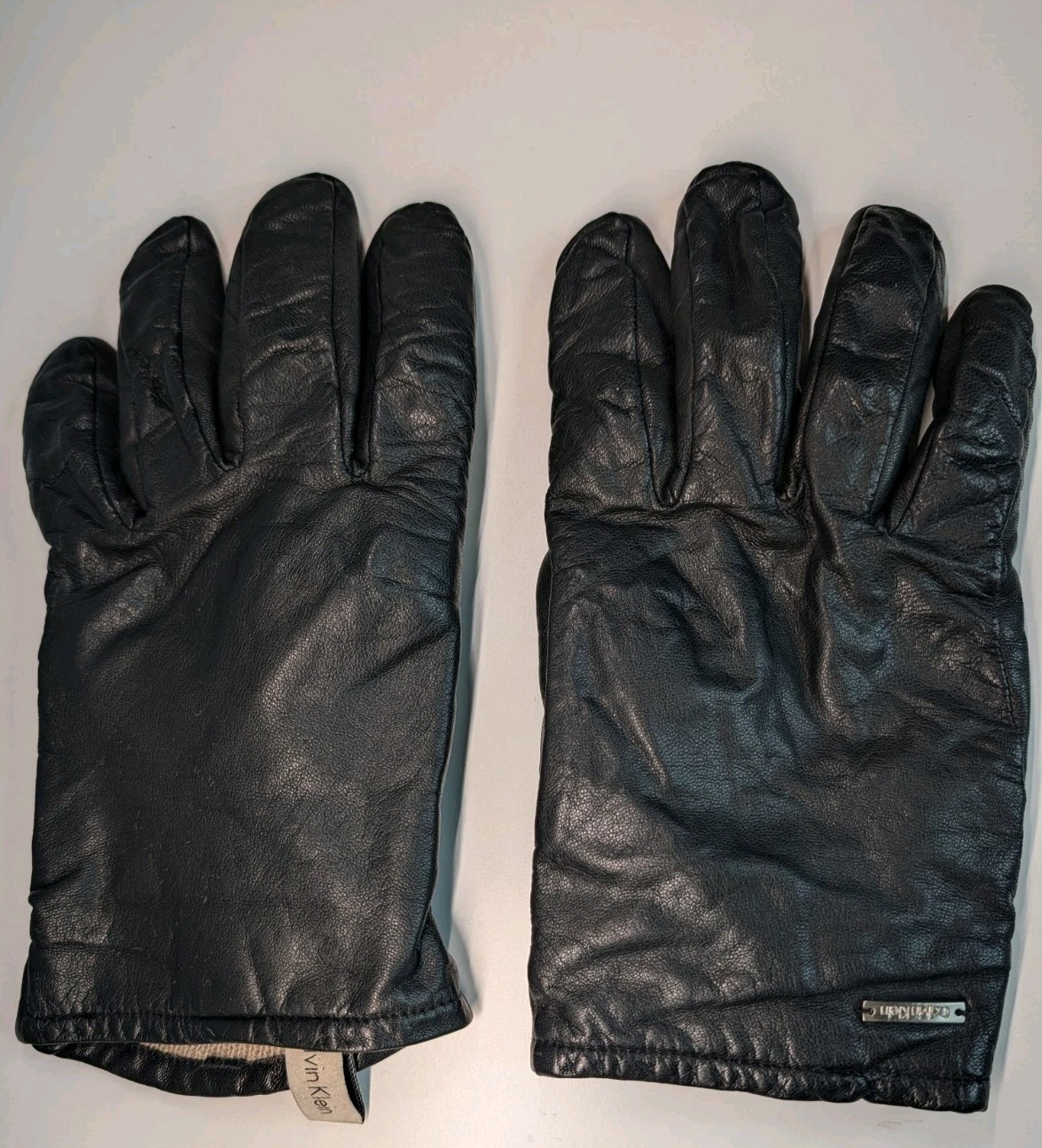 Calvin Klein Mens Black Leather Gloves Size Large Knit Lined Winter Lux Rare EUC
