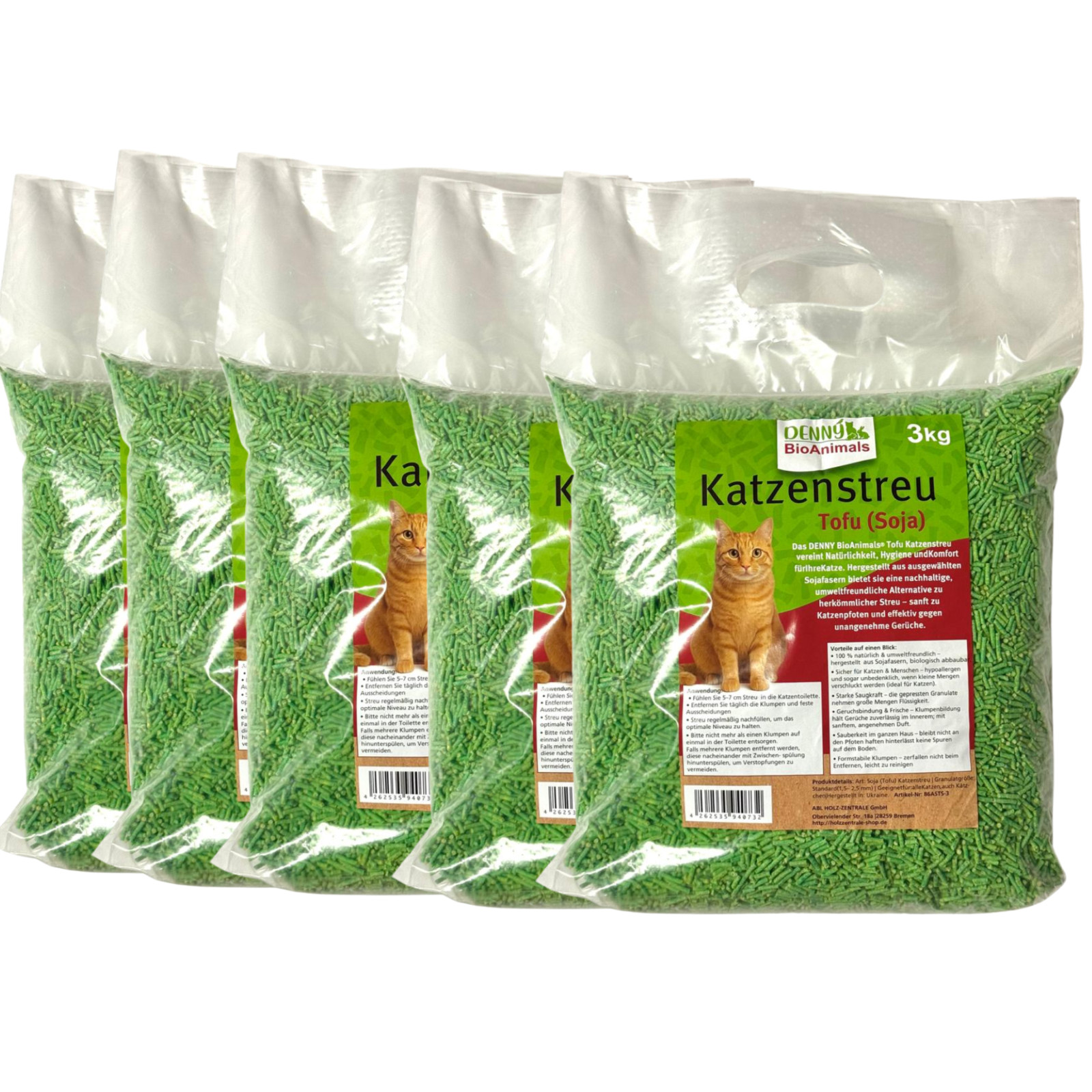 Tofu (Soja) Katzenstreu 15 kg (5 Säcke je 3 kg), 40 L – natürlich & biologisch