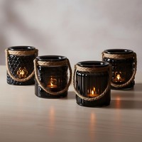 4Er Set Windlicht Glas Schwarz H10Cm Teelichthalter Tischdeko Kerzen Retro Deko
