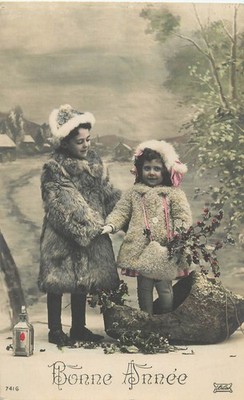 Hand Colored RPPC New Years Postcard Girls Standing In Giant Clog Bonne Annee
