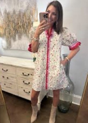 Entro 2X Floral Cotton Shift Dress Puff Sleeve Ruffle Trim Button Front Plus