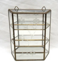 Vtg Brass Glass Mirror Curio Cabinet Etched wall hanging or tabletop 7.5"