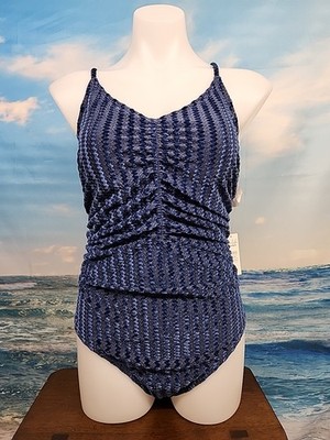 NWT Cupshe Womens One Piece Swimsuit Large Textured Blue With Sparkly Silver.