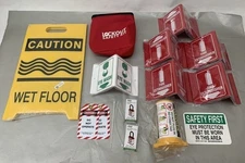 Lot of Abco Safety Supplies Lockout Safety Kit, Fire Extinguisher Signs & More