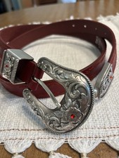 Nocona Belt Co Men's Tooled Western Belt Floral Buckle Dark Red Leather Sz 36