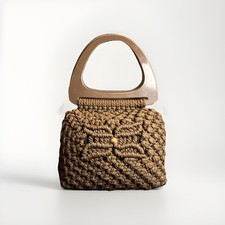 Vintage Macrame Woven Purse Brown Oversized Handles 60s 70s Retro Hippie Boho