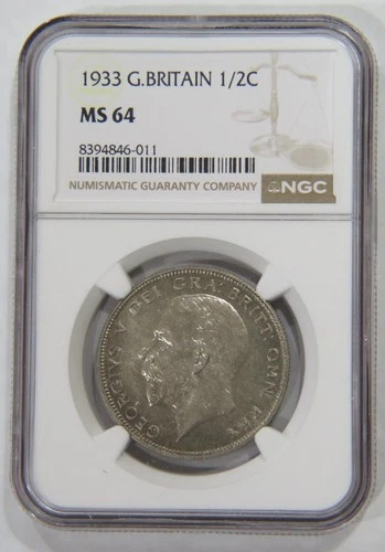 GREAT BRITAIN 1/2 CROWN 1933 NGC GRADED MS64 KING GEORGE SILVER WORLD COIN 🌈⭐🌈