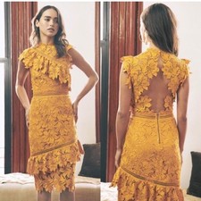 Saylor Reine Dress Womens XS Mustard Yellow Lace Ruffle Romantic Cocktail Party
