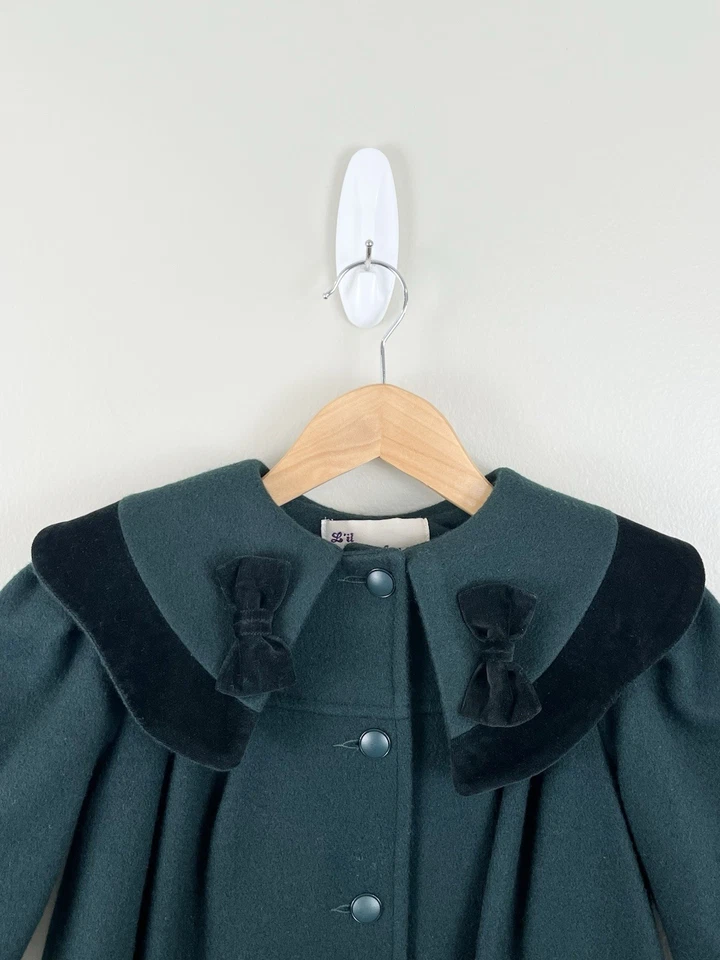 Abrigo de Lana Lil’ Miss Bobbie Niñas Pequeñas De Colección Terciopelo Verde Vacaciones Clásico EE. UU. Foto 3 de 4