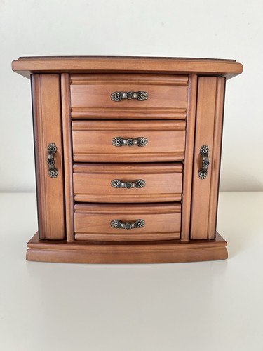 Vintage Holz Schmuckkästchen 4 Schubladen Organizer mit Spiegel & Seitentüren 10x9