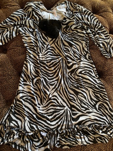 Boutique Black White Zebra Tunic Dress Chiffon Rosettes Ruffle Hem L 36” Chest - Bild 12 von 12