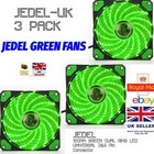 Pack of 3 JEDEL 120MM PC Case Cooling Fan 15 LED Silent Padded (GREEN)
