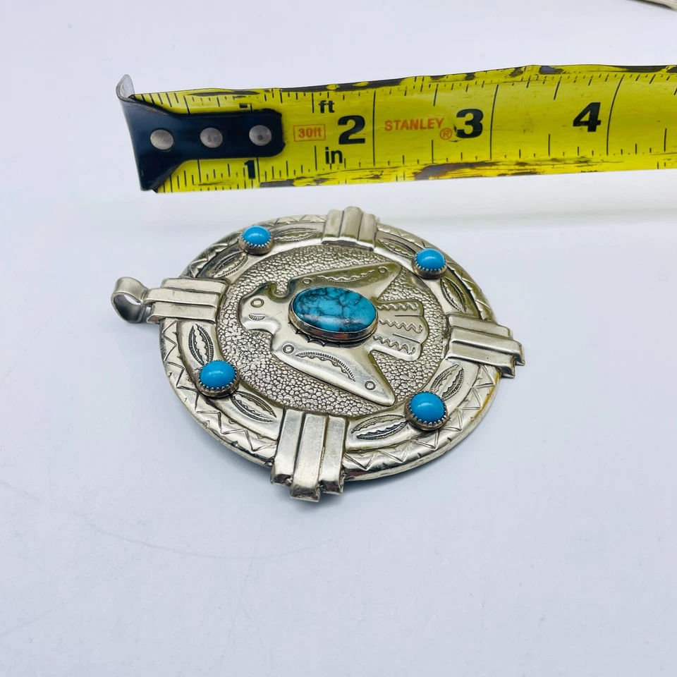 CAMPANA NÍQUEL PLATA Thunderbird Colgante Turquesa Cuentas Étnico Nativo Tribal SW Foto 4 de 4
