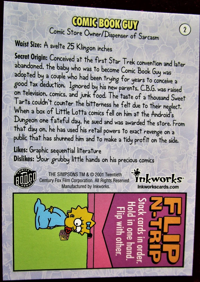 THE SIMPSONS - SIMPSONS MANIA! - Card #2 - "COMIC BOOK GUY" - INKWORKS 2001 - Image 2 of 2