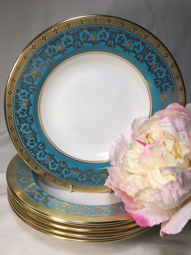 (6) Aynsley 'Kenilworth' Turquoise & Gold Encrusted 9.375 Inch RIMMED SOUP BOWLS - Picture 2 of 12