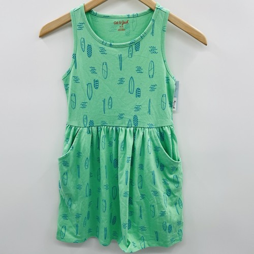 Cat & Jack Girls Medium 8 Surf Board Wave Print Sleeveless Knit Dress Green 828