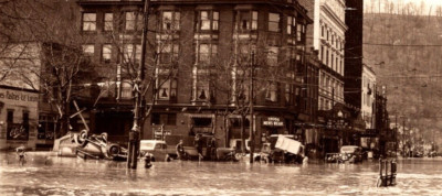c1936 RPPC Flood Damage Car Flipped Main & Market St. JOHNSTOWN PA VTG Postcard