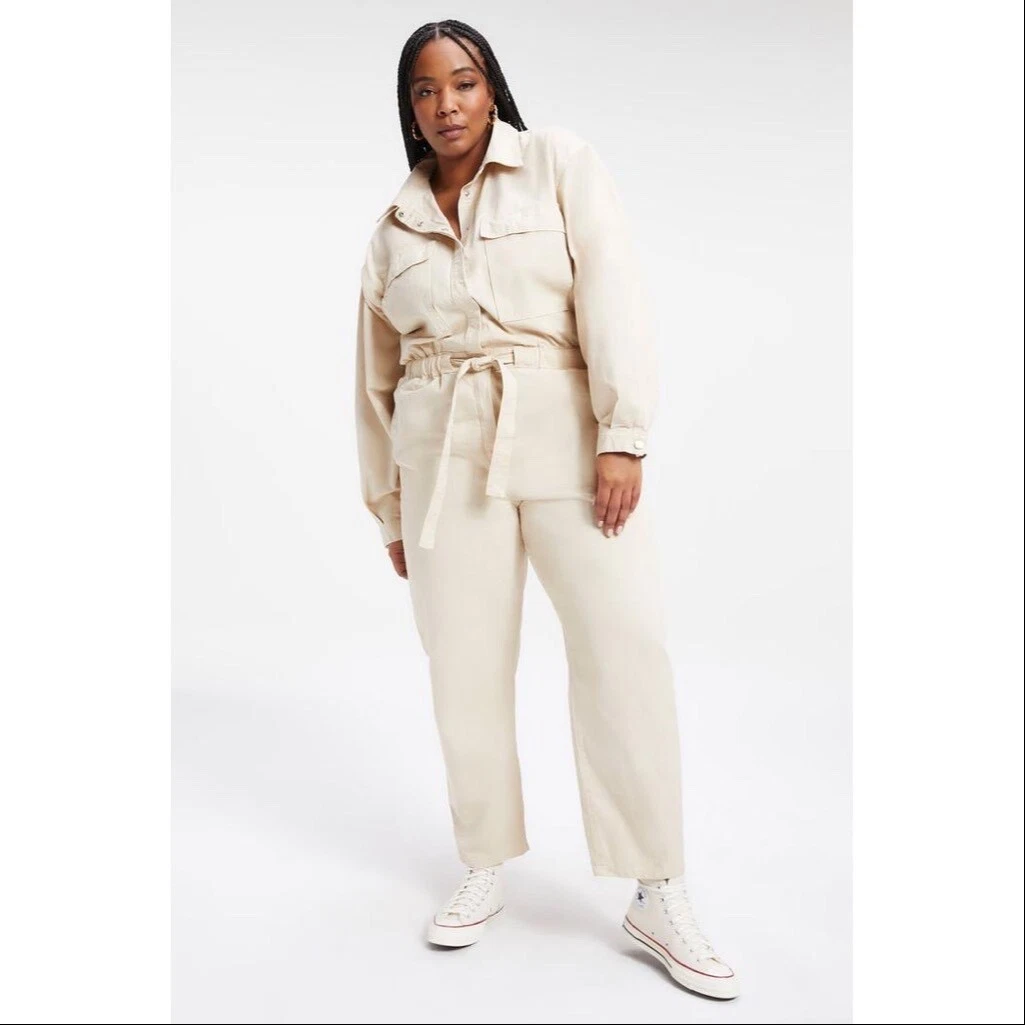 NEW Good American 3 Long Sleeve Belted Button Front Utility Jumpsuit Cream