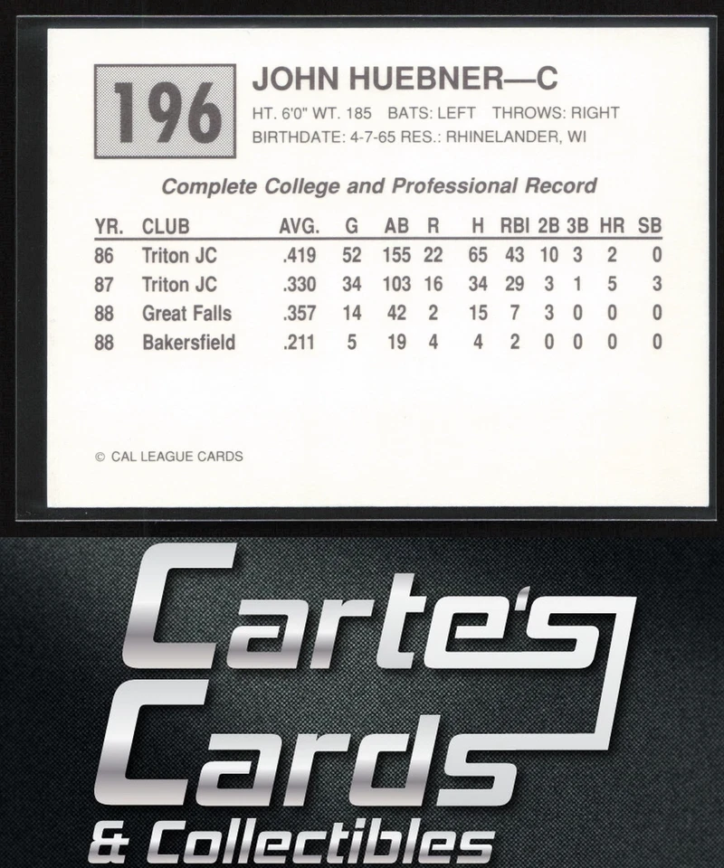 John Huebner 1989 Cal League #196 Bakersfield Dodgers - Image 2 of 2
