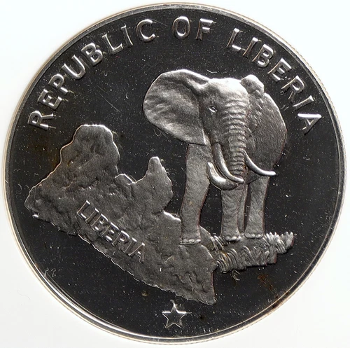 1974 LIBERIA State Map w Elephant VINTAGE OLD Proof Silver $5 Coin NGC i106531