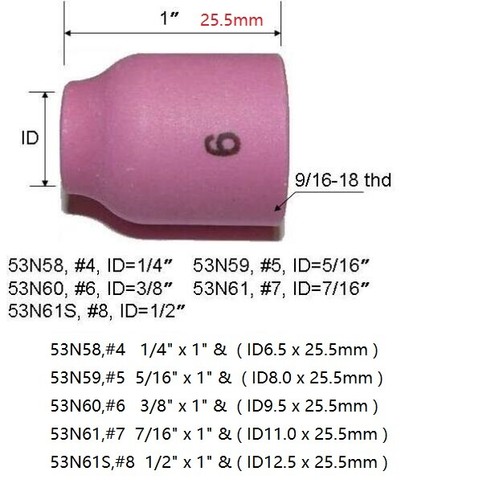 TIG Gas Lens Alumina Nozzle 53N Series #4 #5 #6 #7 #8 WP 9 20 24 25 Torch 10pk - Picture 4 of 7