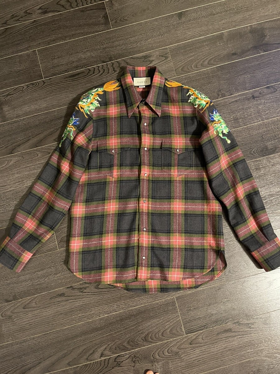 Authentic Gucci DRAGON-Embroidered CHECK Printed Wool Shirt | eBay